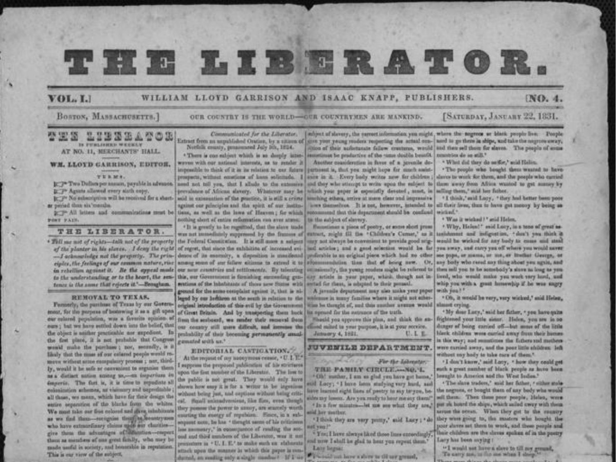 Cover page of the January 22, 1831 edition of The Liberator