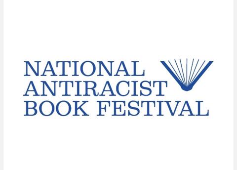Blue and white logo for the National Antiracist Book Festival